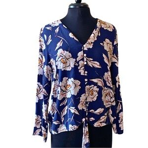 ALLISON JOY EVEREVE Floral Blouse Navy Sze Large Tie Waist Long Sleeves
